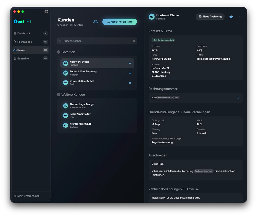 Kundenübersicht in Qwit auf dem Mac